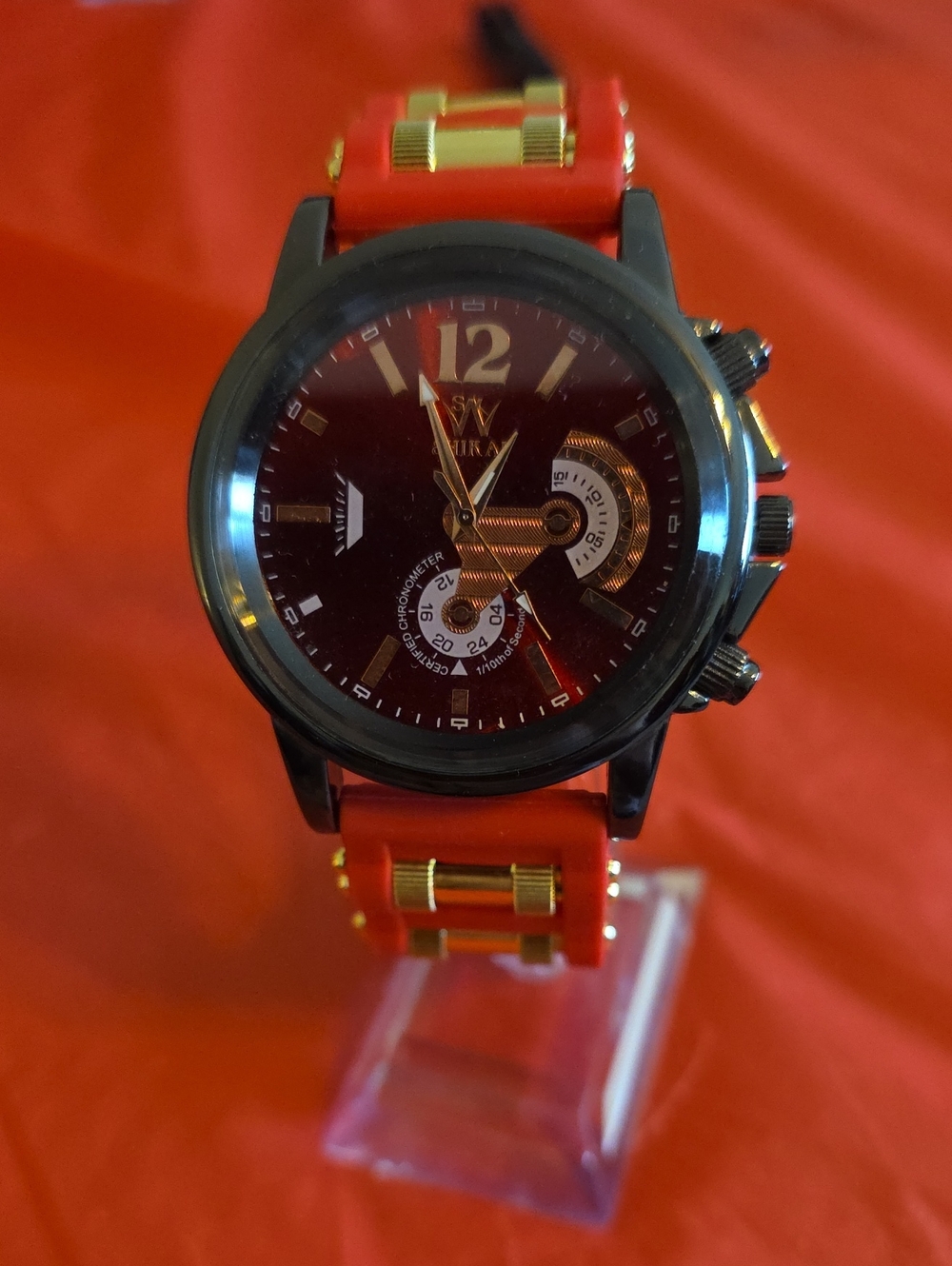 Men's Red Silicone Strap Watch with Black Case and Gold Accents